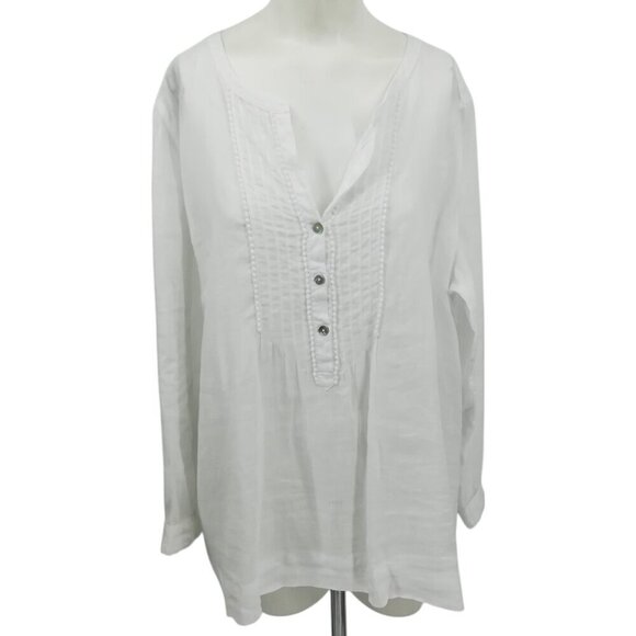 J Jill Love Linen White Popover Long Sleeve Blouse Size L Lagenlook Pintuck - Picture 1 of 11